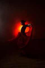 Silhouette of a woman in a red skirt dancing Latin in smoke in neon light. Dance concept. Bachata,...