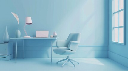 Fototapeta premium Desk Illustration. Monochrome Minimal Office Table Desk in Pastel Blue. Study Workspace Concept with Blank Business Armchair