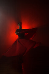 Silhouette of a woman in a red skirt dancing Latin in smoke in neon light. Dance concept. Bachata,...