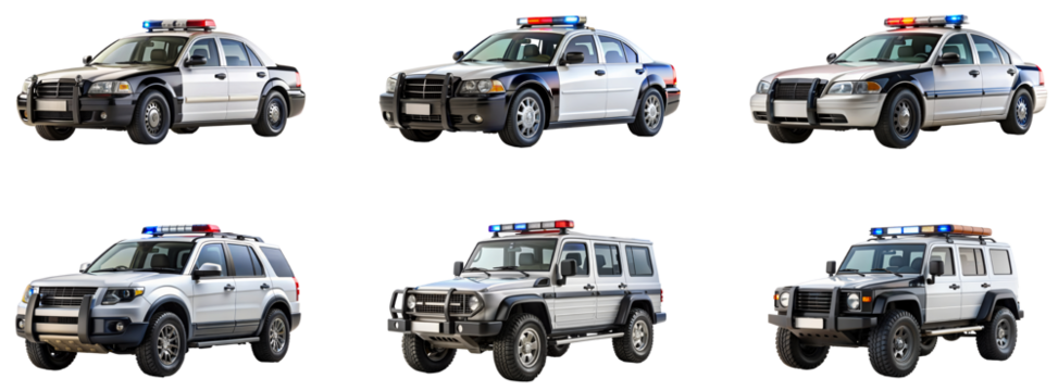 Various police vehicles showcasing distinct designs and colors. Set png isolated on transparent background