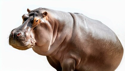 Hippopotamus in water and zoo with wildlife animals like rhinoceros in a natural setting on white background