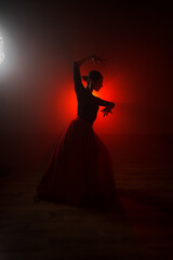 Silhouette of a woman in a red skirt dancing Latin in smoke in neon light. Dance concept. Bachata,...