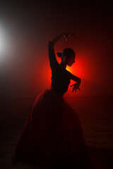 Silhouette of a woman in a red skirt dancing Latin in smoke in neon light. Dance concept. Bachata,...