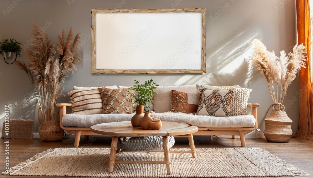 Wall mural poster mockup on boho style living room