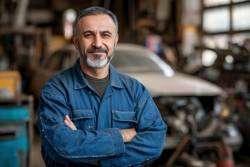 Fototapeta premium A Mechanic Standing in His Workshop, Arms Crossed, Smiling Confidently