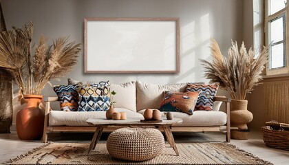 Poster mockup on boho style living room