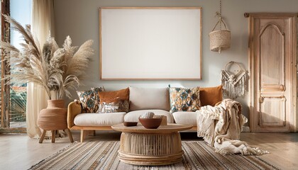 Poster mockup on boho style living room
