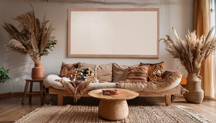 Poster mockup on boho style living room