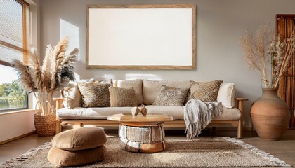 Poster mockup on boho style living room