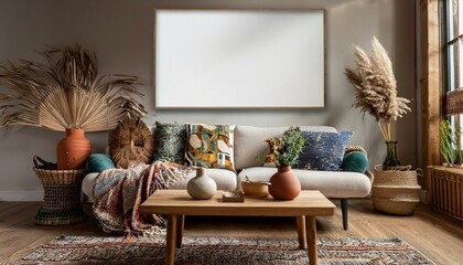 Poster mockup on boho style living room