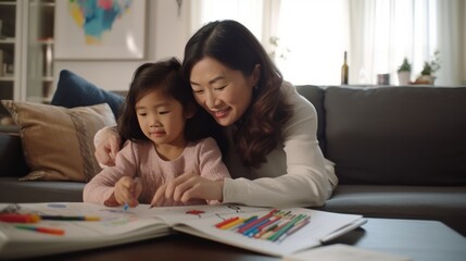 Obraz premium Mother and Daughter Drawing Together at Home