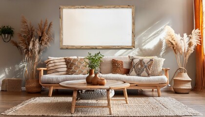 Poster mockup on boho style living room