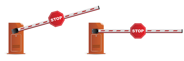 Obraz premium An illustration of a realistic vector car barrier with stop traffic sign set open closed positions, gate or car barrier with rased and lowered bars.