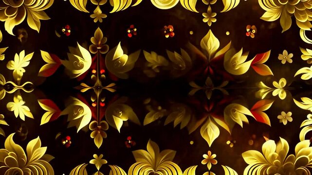 A gold and red floral design is reflected in a mirror