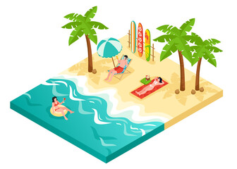 Obraz premium Isometric Beach Scene with Relaxing People