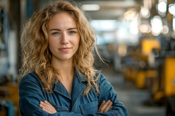 Obraz premium A Confident Woman in Blue Workwear Stands in a Factory