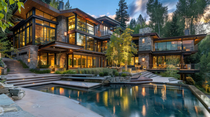 horizontal image of a modern luxury home seen from the backyard