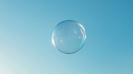 A single soap bubble floating in the air against a clear blue sky, soft natural light,   ideal for lightness, simplicity, and playful themes.
