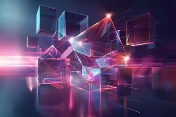 close up horizontal abstract glowing illustration of shiny transparent geometric shapes background