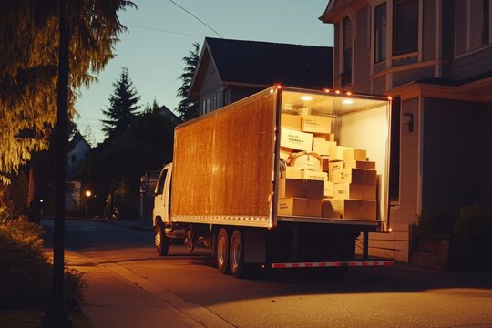A large removal truck parked beside a house, filled with boxes and furniture ready for a move to a new home. The scene is illuminated with bright lighting, creating an energetic and efficient atmosphe