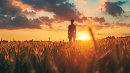 Person in the countryside during sunset, symbolizing agriculture and food security, highlighting nature and summer ecology.