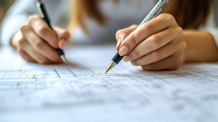 A close-up image of a woman's s hand holding a pen working on architectural blueprints.