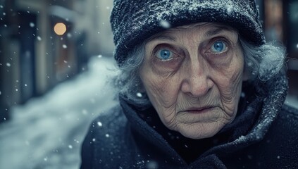 A close-up of an old woman with blue eyes, wearing a dark coat and hat, looking at the camera and standing in front of a snowy street. This is a screenshot from a Serum commercial 