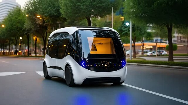 Autonomous shuttle bus with glowing headlights and illuminated passenger cabin drives through empty city streets at dusk