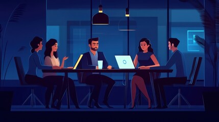 Nighttime office meeting with a team engaged in feedback discussion by laptop. Clean background emphasizing communication and agreement.