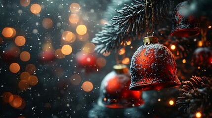 Snow-dusted red and black Christmas bells hanging from a tree, 3D illustration