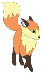 cute red fox with big fluffy tail stands with raised paw, stock vector, cartoon