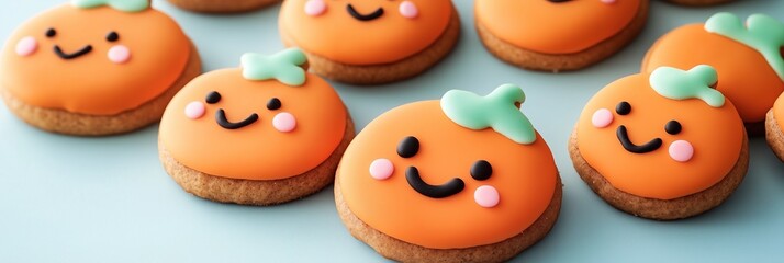Obraz premium Cute Halloween pumpkin shaped gingerbread cookies with kawaii faces. Orange and brown treats for holiday celebration, banner. Concept of festive baking and Halloween party food