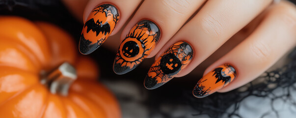 Perfect manicure with Halloween themed nail art. Spooky designs in black and orange colors, banner. Concept of seasonal beauty services and nail salon advertising