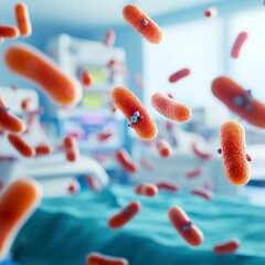 Fototapeta premium Antibiotic-resistant bacteria spreading in intensive care units, healthcare crisis, 3D illustration