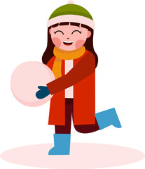 Children build snowman in winter. Cute happy friends play outdoor in Christmas winter season. Happy kids on winter holiday. Kids playing in the snow and building snowman on winter holiday.