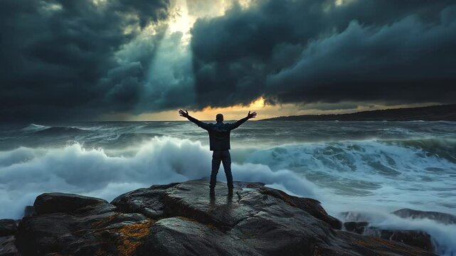 A man stands on a rocky outcropping, arms outstretched, as powerful waves crash against the shore during a stormy sunset
