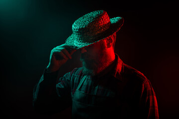 Photo of male character wear halloween garment spooky night isolated on dark misty mysterious...
