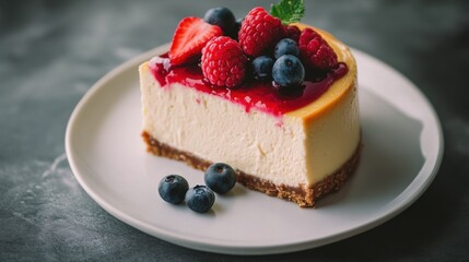 Classic New York Cheesecake Topped with a Berry Compote on a Dessert Plate