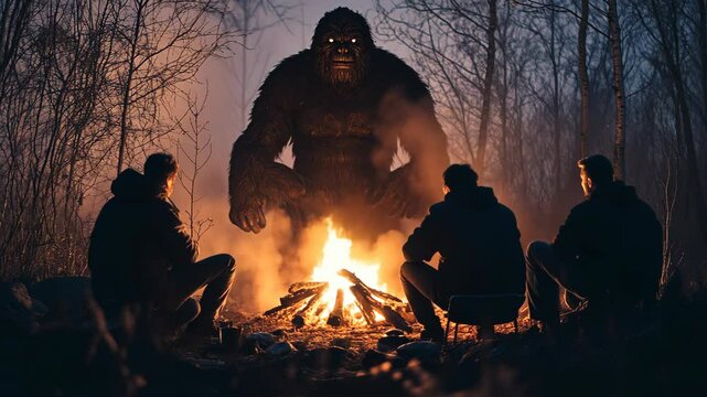 Four people are huddled around a campfire in a forest, unaware that a large, hairy creature is watching them from behind