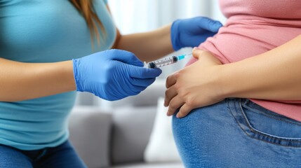 Obraz premium Close-up Of Pregnant Woman Receiving Vaccine Injection In Arm From Healthcare Professional At Home.