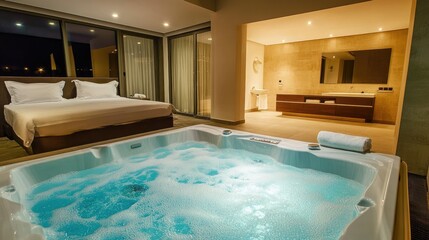 Obraz premium Hot water jacuzzi in a stylish hotel spa, representing comfort and relaxation in a luxurious apartment setting.