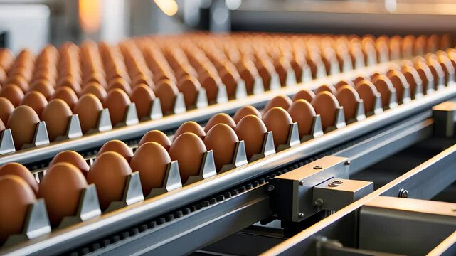 Conveyor Belt with Eggs in a Modern Food Processing Facility