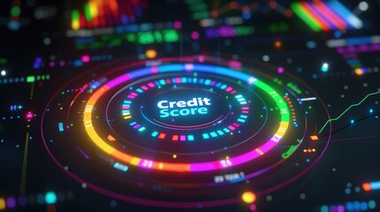 Colorful digital visualization of credit score analysis with futuristic graphics and financial data insights.