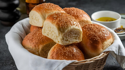 Naklejka premium A basket of freshly baked Samoon bread rolls with golden-brown crusts, soft and airy inside, perfect for sandwiches or dipping in stews, served with olive oil and za'atar for flavor.