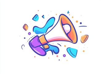 A vibrant megaphone bullhorn emitting dynamic sound waves, paired with a bold, colorful news announcement banner, designed to capture attention with an excited and urgent tone