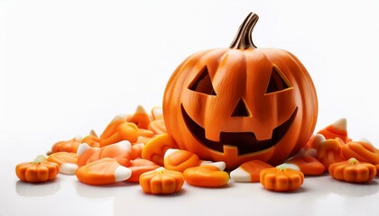 A carved pumpkin with a spooky, smiling face, glowing in the dark, symbolizing Halloween and the autumn season on white background