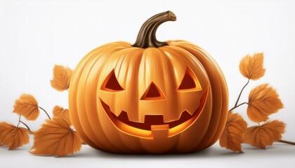 A carved pumpkin with a spooky, smiling face, glowing in the dark, symbolizing Halloween and the autumn season on white background
