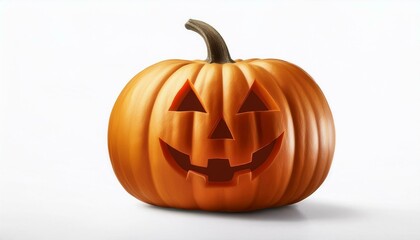 A carved pumpkin with a spooky, smiling face, glowing in the dark, symbolizing Halloween and the autumn season on white background