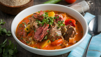 A hearty bowl of Salona, a slow-cooked meat and vegetable stew in a rich tomato-based broth, featuring chunks of meat and vegetables, topped with fresh herbs.






