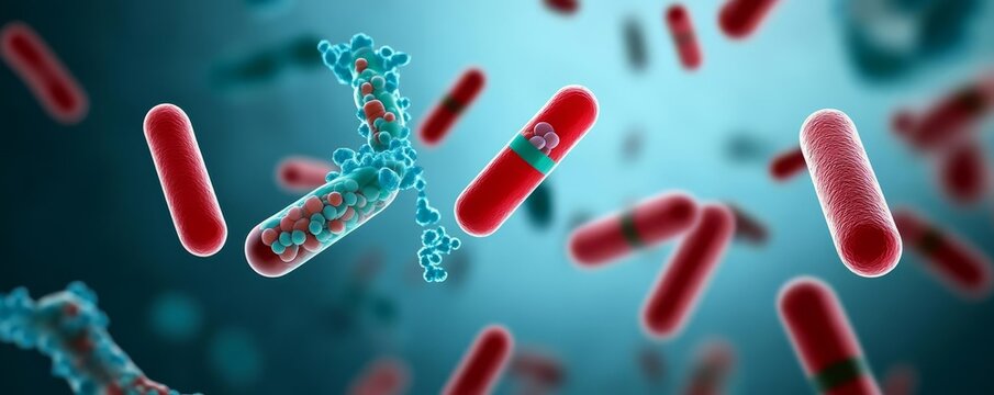 Bacteria with multidrug resistance genes, medical research, 3D illustration